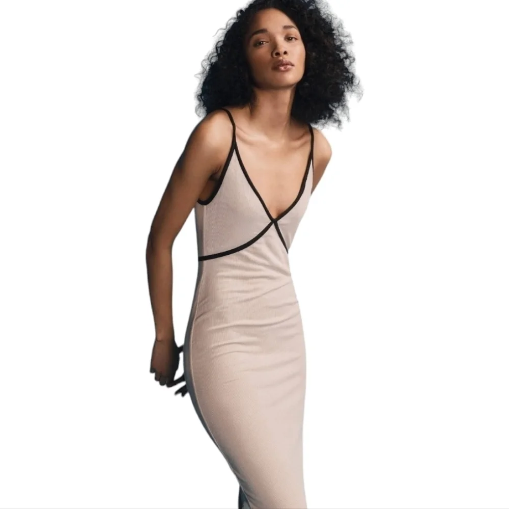 ATM Anthony Thomas Melillo Tan Modal Rib Cami Dress with Black Contrast Trim-XS - Picture 5 of 12